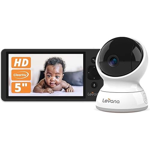 Levana Ella Video Baby Monitor, 5'' 720P Screen, PTZ Camera, 4 Days Battery Life, 3800mAh Battery, Night Vision, Two-Way Talk, No WiFi, 1000ft. Long Range Baby Monitor