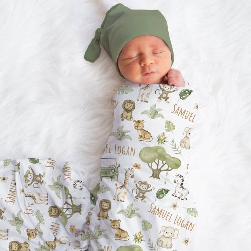 Custom Safari Swaddle Blanket, Personalized Baby Boy Elephant Name Blanket, Giraffe Lion Blanket, New Mom Gift, Newborn Gift, Baby Shower