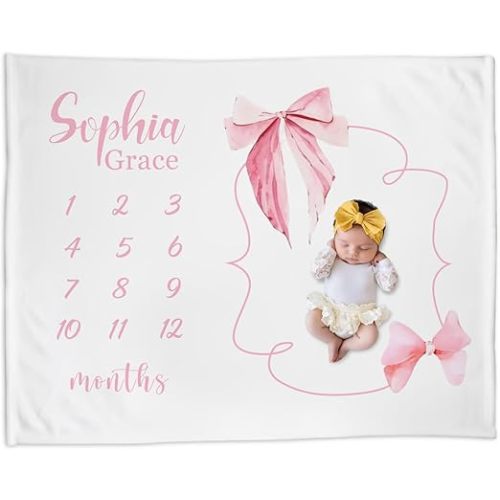 Personalized Baby Milestone Blanket for Girls, Custom Newborn Baby Girl Blankets with Name, Bow Pink Milestone Monthly Blanket for Shower Gift, Monthly Baby Milestone Blanket