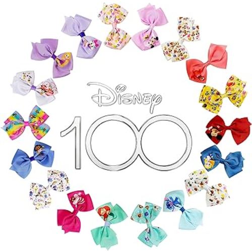 Disney 100th Anniversary Special Hair Accessory for Girls|18pc Disney Hair Bow Clips Featuring Favorite Characters with a String Bag Bow Holder with hanger. For all occasions & ages 3+
