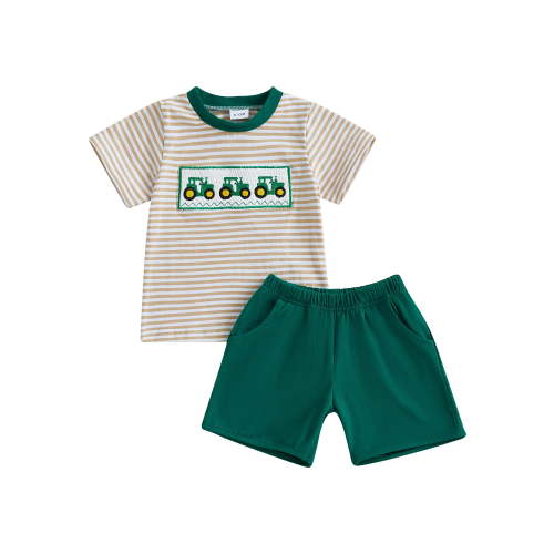 Baby Toddler Boy Farm Outfit 6 12 18 24 Months 2T 3T 4T Tractor Embroidery Short Sleeve T-shirt Solid Shorts with Pockets 2 Pcs Set