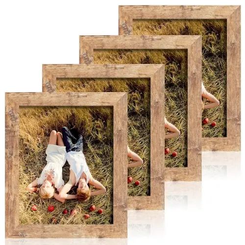 8x10 Picture Frame Set of 4, High Definition Real Glass Rustic Brown Frame, 8 x 10 Photo Frames for Desktop Display and Wall Mounting