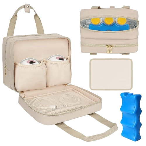 Breastmilk Cooler Travel Bag, Wearable Breast Pump Storage Bag Compatible with Momcozy/Eufy/Elvie/Willow/Medela Breast Pump with Ice Pack and Waterproof Mat,Khaki
