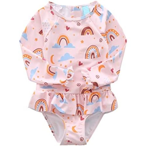 Aisyee Baby Girls One Piece Swimsuits Long Sleeve Rash Guard Swimshirts