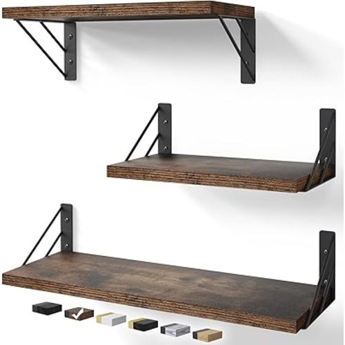 BAYKA Wall Shelves for Bedroom Decor, Floating Wall Shelves for Living Room Kitchen Storage, Wall Mounted Rustic Wood Floating Shelves for Kids Books, Small Shelf for Bathroom(Rustic Brown,Set of 3)