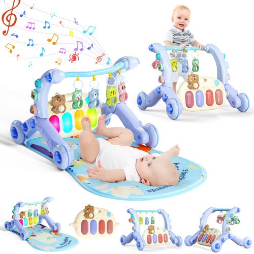 WonderStone 5-in-1 Baby Gym Play Mat & Learning Walker, Activity Center with Portable Light-up Piano Panel for Toddlers Ages 0-3, Blue