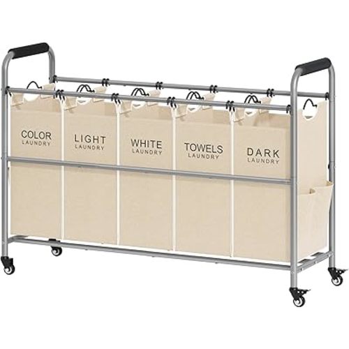 Tajsoon Laundry Sorter 5 Sections, Laundry Hamper with Heavy Duty Lockable Wheels and Removable Bags, 5 Bag Rolling Laundry Sorter Cart for Dirty Clothes Storage, Laundry Separator Hamper, Beige