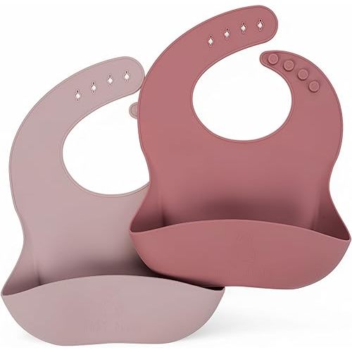 Silicone Bib 2-Pack: Safe, Non-Toxic, Food-Grade. Waterproof, Adjustable Neck Band, Easy-Clean Pouch Catcher.