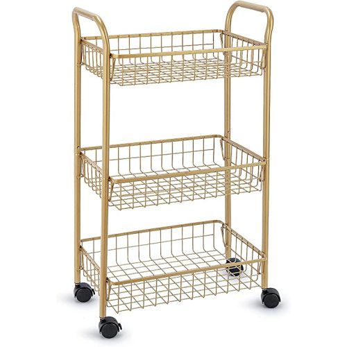 MNOPQ 3 Tier Rolling Utility Cart, Storage Trolley Service Cart with Wheels Easy Assembly for Kitchen, Living Room, Office, Salon, Gold