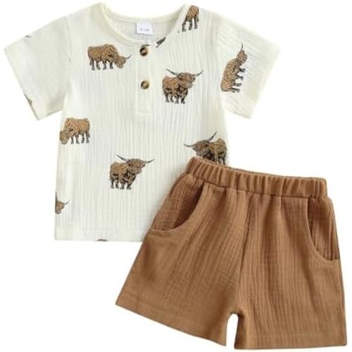 Omkzanbi Highland Cow Baby Boy Clothes Linen Button Down Shirt Casual Shorts 2Pcs Toddler Western Cowboy Summer Outfit 6M-4Y
