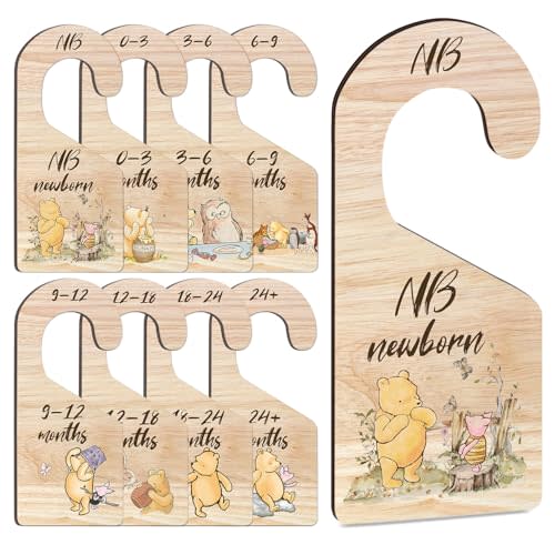 Hatzelou 8Pcs Winnie Baby Closet Dividers, Winnie Baby Clothes Dividers for Closet, Newborn Baby Stuff for Baby Boys Girls, Wooden Double-Sided Baby Hanger Organizer from Newborn to Toddler