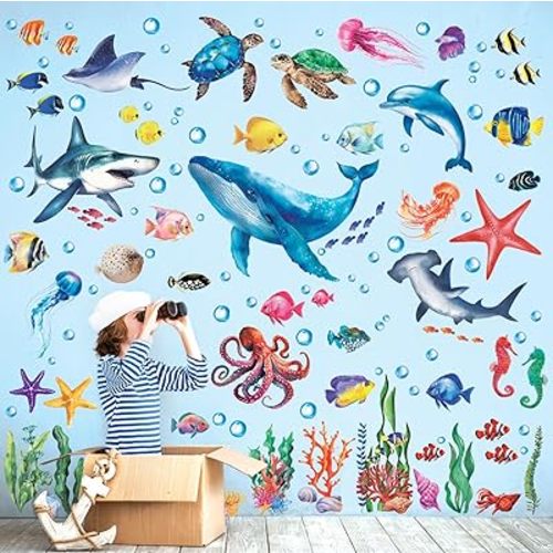 DECOWALL DS12-8078 Sea Animals Wall Stickers Decals Baby Boys Bedroom Fish décor Living Kids Nursery Ocean playroom Removable Room Seaweed Under Watercolor