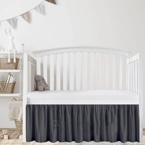 Dark Grey Crib Skirt Dust Ruffle, 100% Natural Cotton-Nursery Crib-Toddler Bedding Skirt for Baby Girls or Boys, 14" Drop