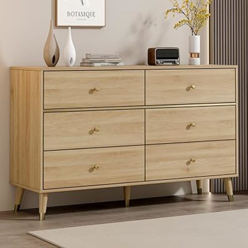 6 Drawer Dresser with 4 Foldable Drawer Dividers,47" Wide Mid Century Modern Chest of Drawers,Wood Storage Drawer Organizer for Bedroom, Living Room,with Anti-Tipping Device