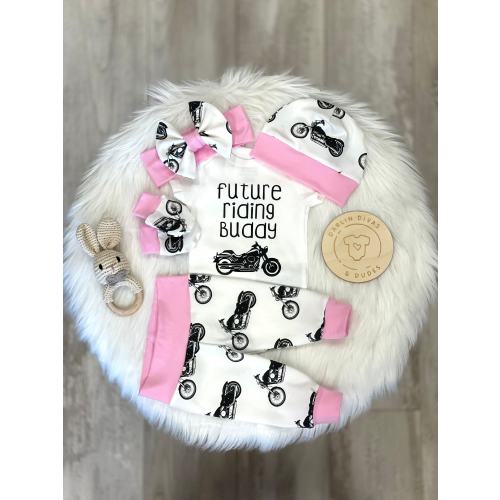 Motorcycle Infant Outfit, Coming Home Baby Girl Outfit, Take Home Newborn Outfit, Girl Layette and Bow Set, Riding Buddy, Baby Shower Gift