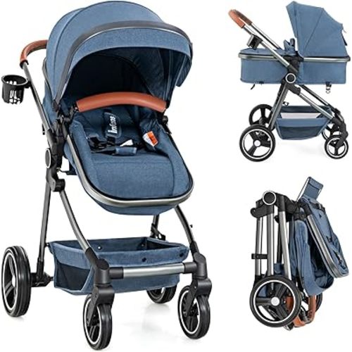 INFANS 2 in 1 Baby Stroller, Newborn Convertible Stroller Bassinet for Infant, Foldable High Landscape Shock Absorption with Reversible Seat, Aluminum Structure for Toddler Pushchair 0-36 Month
