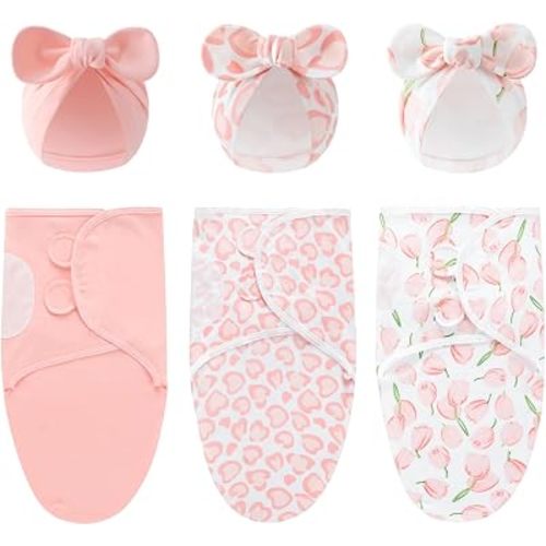 Baby Swaddle Sleep Sack with Hat Set for 0-3 Months 3-Pack Soft Cotton Newborn Wearable Swaddle Wrap for Girls Boys (Pink & Heart & Tulips)