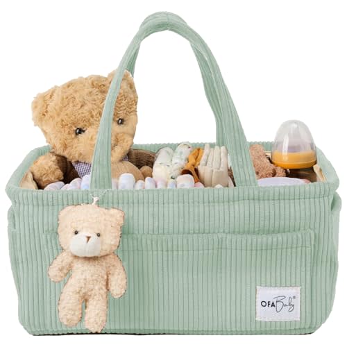 OfaBaby Baby Diaper Caddy & Nursery Storage Bin - Portable Organizer for Diapers & Baby Wipes - Newborn Essentials & Car Caddy (Green)