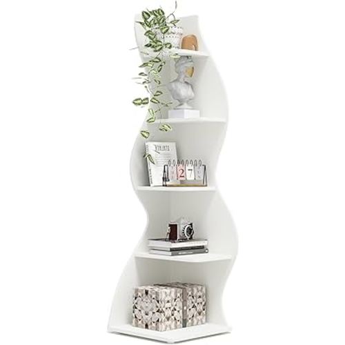 Tribesigns Corner Shelf, Modern 5-Tier Wall Corner Bookshelf, Stylish Corner Small Bookcase Storage Rack Plant Stand with Unique Shape for Living Room, Home Office, (1PC, White)