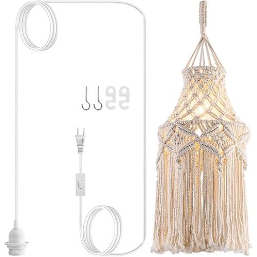 Boho Plug in Pendant Light Macrame Lamp Shade, Hanging Lamp with Plug in Cord,On/Off Switch,Bohemian Hanging Light Fixtures That Plug Into Wall Outlet for Bedroom Decor Living Room