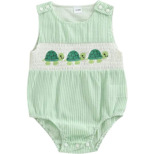GOOCHEER Newborn Baby Boy Summer Outfit Octopus/Turtle Smocked Bubble Romper Striped Overall Sleeveless Bodysuit Clothes