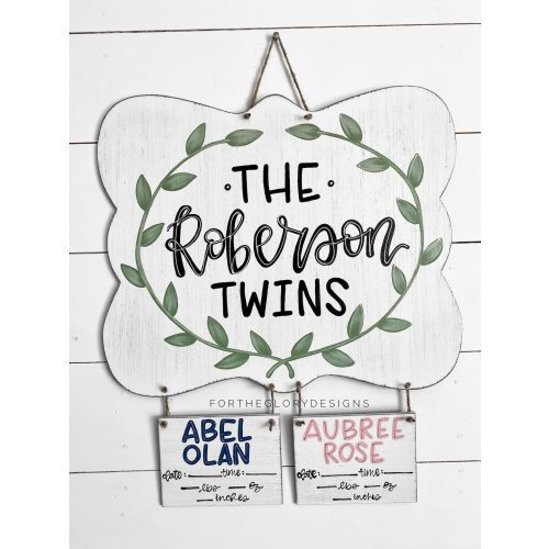 hospital door hanger for twins // twins nursery name sign // greenery circle vine // navy + blush pink