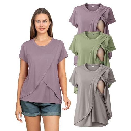 Rnxrbb 3 Pack Women's Nursing Tops for Breastfeeding Summer Short Sleeve T Shirts Postpartum Double Layer Clothes