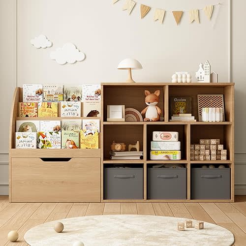 Fatmok Kids Bookshelf and Toy Storage, Toy Storage Organizers with Movable Drawers & 3 Storage Bins, Kids Reading Nook Toy Organizers Shelf with 5 Cubbies, Natral Wood