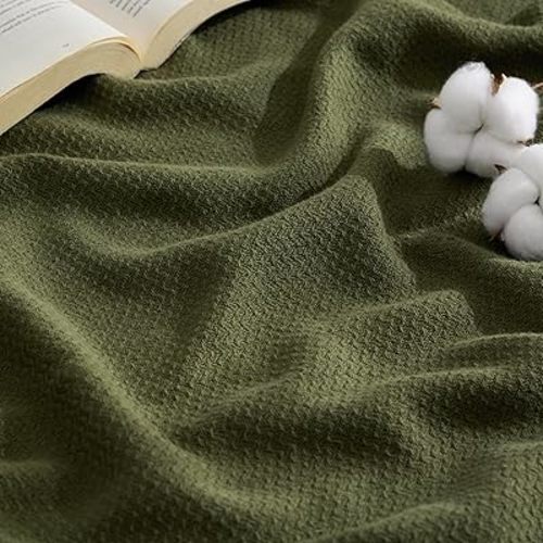 Bedsure 100% Cotton Blanket Queen Size for Bed - Breathable and Lightweight, Soft Cozy Textured Herringbone Woven Blanket for Summer, Olive Green, 90x90 inches