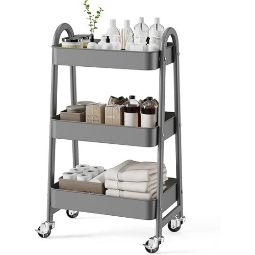 3 Tier Rolling Cart - Metal Utility Carts on Lockable Caster Wheels, Mobile Storage Shelves Organizer for Livingroom, Bathroom, Kitchen, Bedroom & Narrow Places, Grey