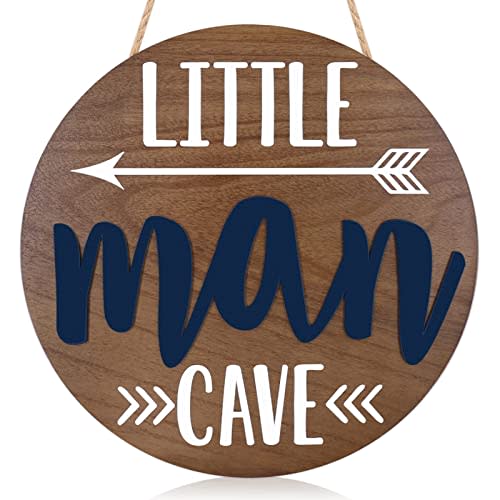 Little Man Cave Wooden Round Door Sign for Little Boy Nursery Room Wall Art Natural Wood Baby Toddler Kids Bedroom Living Room Hanging Rustic Farmhouse Decor -Blue