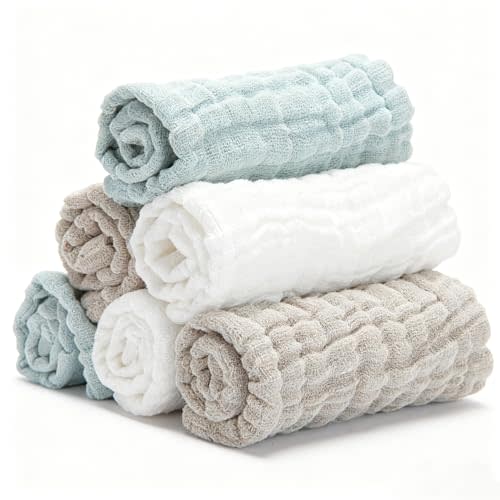 Bear Rocket Organic Muslin Baby Washcloths 6 Pack Baby Bath Face Towel 12x12 Inch Extra Absorbent and Soft Burp Cloth and Wash Cloths for Newborn-Infants On Sensitive Skin (White Green Brown)