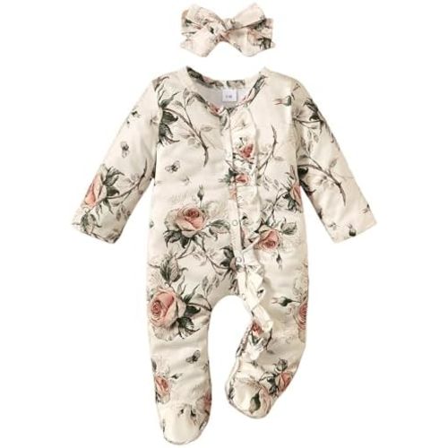 Yvowming Newborn Baby Girl Clothes Ruffle Jumpsuit Romper Infant Coming Home Outfit for Baby Girl