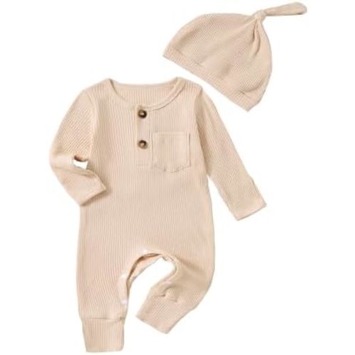 Newborn Baby Boy Girl Clothes Infant One Piece Rompers Solid Ribbed Knit Hat Long Sleeve Clothing Set