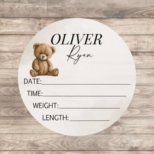 Teddy Bear Baby Birth Stat Announcement, Personalized Wood Round Name Sign, Nursery Decor Boy, Hospital Photo Sign, Bear Baby Shower Gift