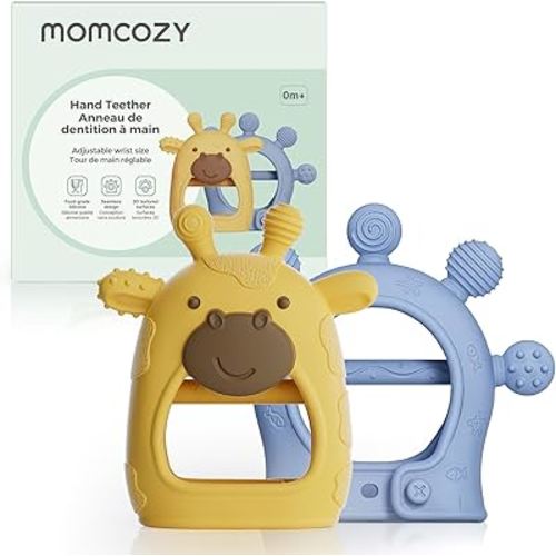 Momcozy Baby Teether Toys | Food Grade Silicone Teething Relief 0-6 Months | Toy 6-12 Months | Baby Essential | Yellow and Blue