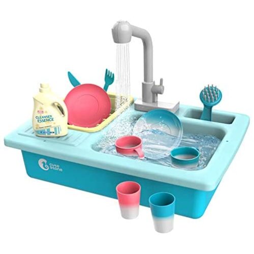 CUTE STONE Color Changing Kitchen Sink Toys, Children Heat Sensitive Electric Dishwasher Playing Toy with Running Water, Automatic Water Cycle System Play House Pretend Role Play Toys for Boys Girls