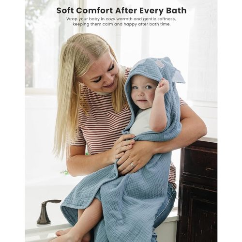 Konssy 2-Pack Muslin Baby Hooded Towels, 100% Cotton, Soft and Absorbent Baby Bath Towels for Newborn, Infant & Toddler with Animal Hooded Design(Elephant & Bear)