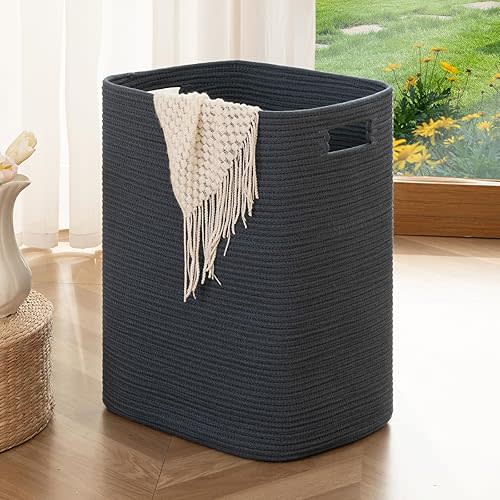OIAHOMY Laundry Hamper, Laundry Basket,Rectangle Cotton Large Blanket Storage Basket for Living room,Bedroom Woven Decorative Storage for Toys,Clothes,Pillows-16x13x22in-Blue