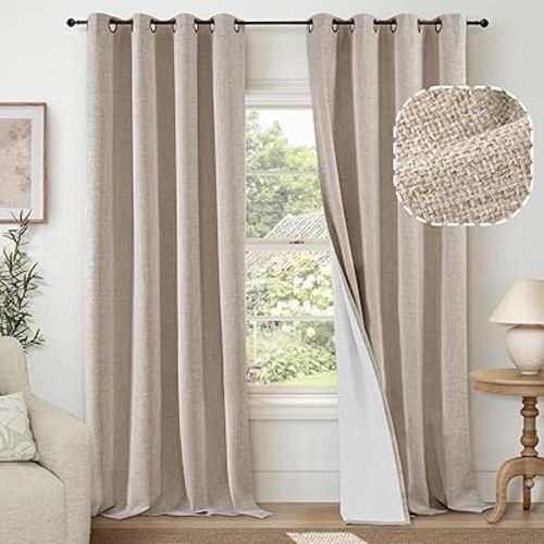 Beige 100% Blackout Curtains for Living Room 84 Inch Length 2 Panels Set, Thermal Insulated Light Blocking Faux Linen Curtains for Bedroom, Bronze Grommet Boho Window Drape Each 52" Wide