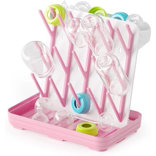SpaceAid Baby Bottle Drying Rack with 20 Hooks, Space Saving Kitchen Bottles Rack Dryer, Vertical Baby Bottle Holder Organizer for Countertop Storage Accessories (White and Pink)