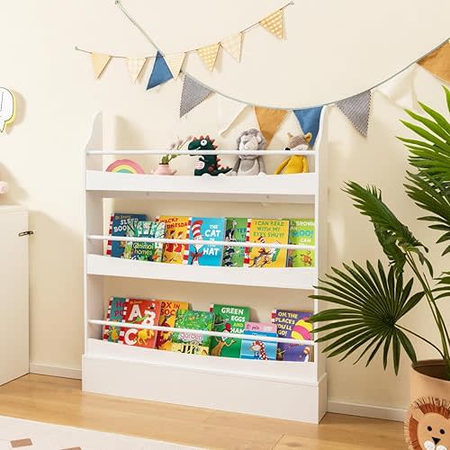 Costzon Kids Bookshelf, 3-Tier Wooden Book Shelf Organizer for Books and Toys, Toddler Space-Saving Wall Bookcase Conner Storage Rack for Bedroom, Living Room, Nursery, Playroom (White)