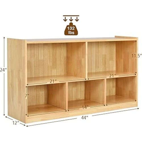 Costzon 2-Shelf Bookcase for Kids, Wooden Toy Storage Organizer for Books Toys, 5-Section Freestanding Classroom Daycare Shelf for Home Playroom, Hallway & Kindergarten (Burlywood)
