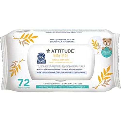 ATTITUDE Oatmeal Sensitive Natural Baby Care Wipes, Hypoallergenic, Vegan and Cruelty-Free, Unscented, 72 Wipes