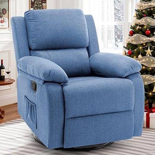 Korser Recliner Chair, 360 Swivel Rocker Chair for Adults, Small Rocking Recliner for Small Spaces, Upholstered Fabric Glider Recliner Nursery (Swivel Rocker Recliner, Blue)
