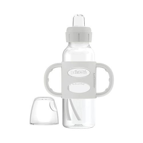 Dr. Brown's Milestones Narrow Sippy Spout Bottle with 100% Silicone Handles, Easy-Grip Handles with Soft Sippy Spout, 8oz/250mL, Gray, 1-Pack, 6m+