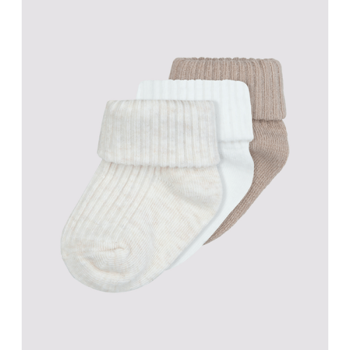 Baby Organic Cotton Turn Over Rib Cuff Socks 3 Pack - Underworks - Oat, white, latte