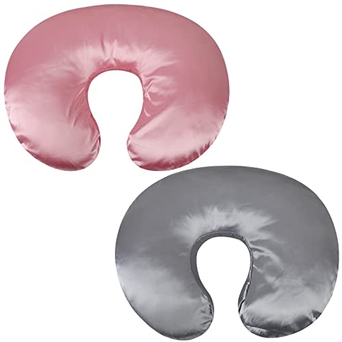 Satin Nursing Pillow Cover Set 2 Pack Ultra Soft Silk Compatible with Boppy Pillow for Breastfeeding Pillow Protect for Baby Hair and Skin Grey & Pink
