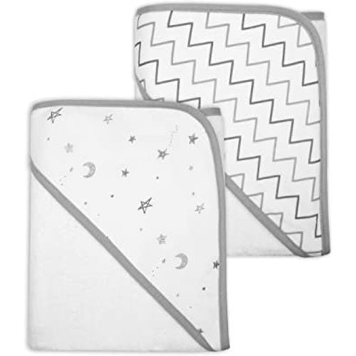 TL Care Terry 2 Pack Hooded Towels Made with Organic Cotton, Grey Stars/Grey Zigzag, for Boys and Girls