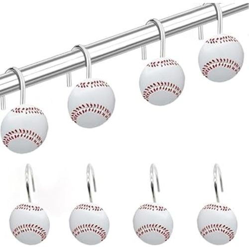 Baseball Shower Hooks 12 Pack, Sports Bathroom Decor Set - Stainless Steel Curtain Hooks with Free Keychain, Baseball Fan Gift Idea